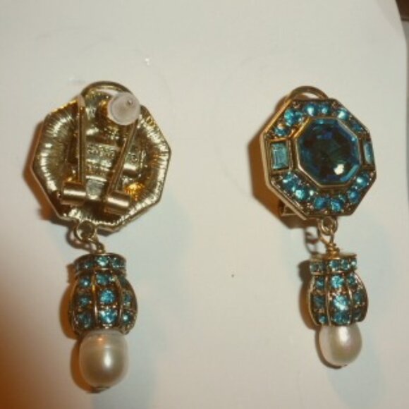 Heidi Davs  blue crystal omega back dangle 925 stud earrings NEW - Picture 1 of 5